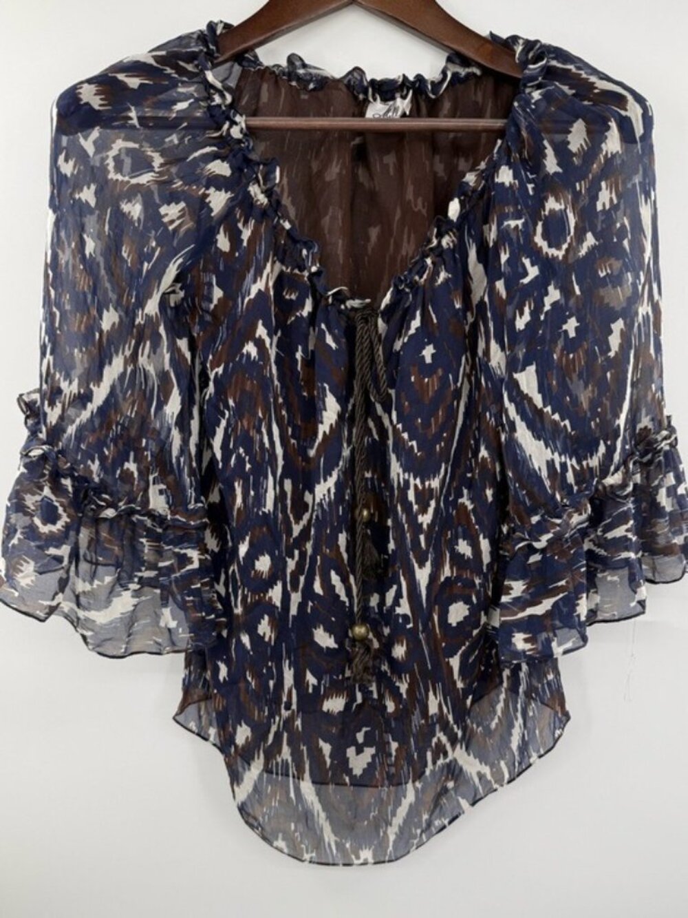 Milly New York Silk Sheer Peasant Blouse Size 4 Blue Brown Ikat Tassel Boho Top